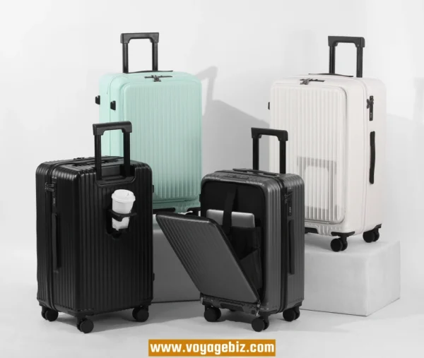 Wholesale Front-Access ABS+PC Suitcase | TSA Lock + USB Charging Port + Silent Wheels | 20"-26" Smart Travel Luggage with Cup Holder PZHX8038