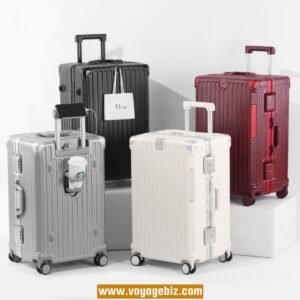 Durable Hardshell Aluminum Frame Spinner Luggage - TSA Lock, USB Charging Port, Silent 360° Wheels & Foldable Cup Holder (24/26/28 Inch, Black/White/Silver/Wine Red) PAHX2402