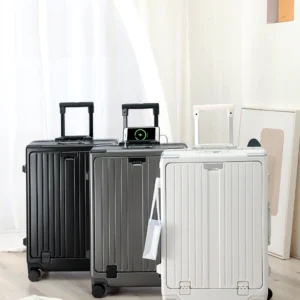 Smart Front-Opening Aluminum Luggage with USB Port & Cup Holder – Silent Wheels, TSA Lock | 20/24 Inch ABS+PC Suitcase in White/Gray/Black PAHX6222
