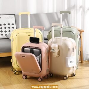 Premium Hardshell Aluminum Frame Luggage - Front-Opening Design with TSA Lock, USB Charging Port, Quiet Spinner Wheels & Foldable Cup Holder (18/20/24 Inch, White/Pink/Yellow/Green) PAHX899