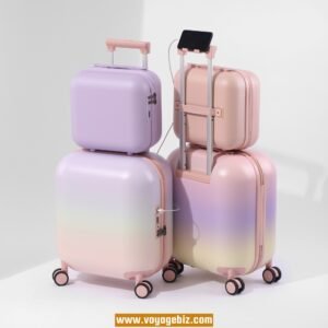 Cute Style Luggage Set with TSA Lock, Charging Port, 360° Spinner Wheels – Gradient Pink, Purple, Yellow, White, Purple – 14/20-inch PZHX2401