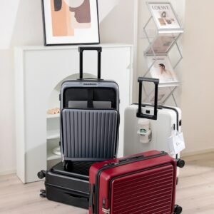 Front-Opening Hard Shell Luggage with USB Charging Port, TSA Lock, 360° Spinner Wheels, Foldable Cup Holder, Mobile Phone Stand, Available in 20/24-inch - Black, White, Grey, Burgundy PZHX9004